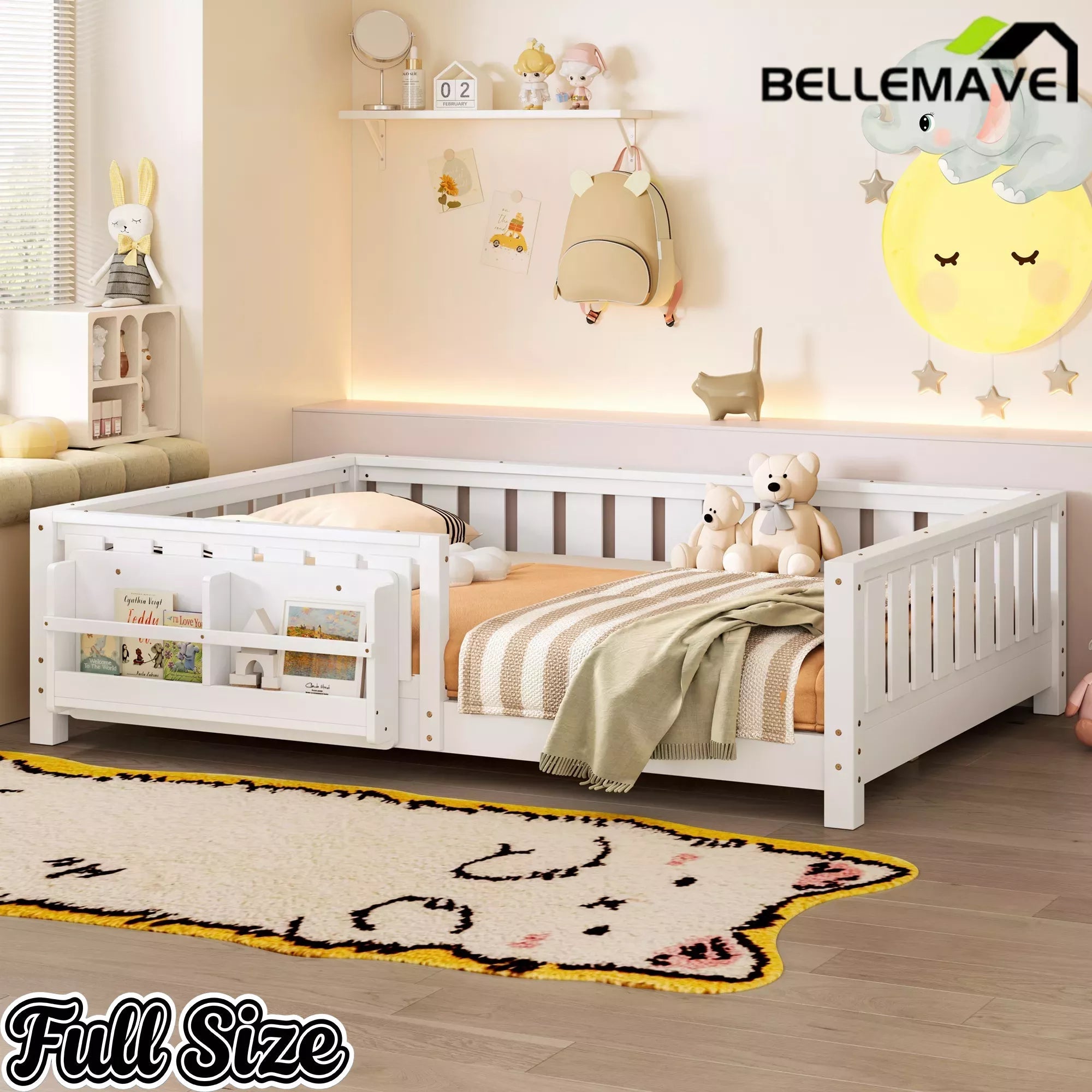 Bellemave® Kids Montessori Floor Bed with Safety Guardrails, Built-in Bookcase & Wooden Slats — Twin, Full, Queen Sizes Bellemave®