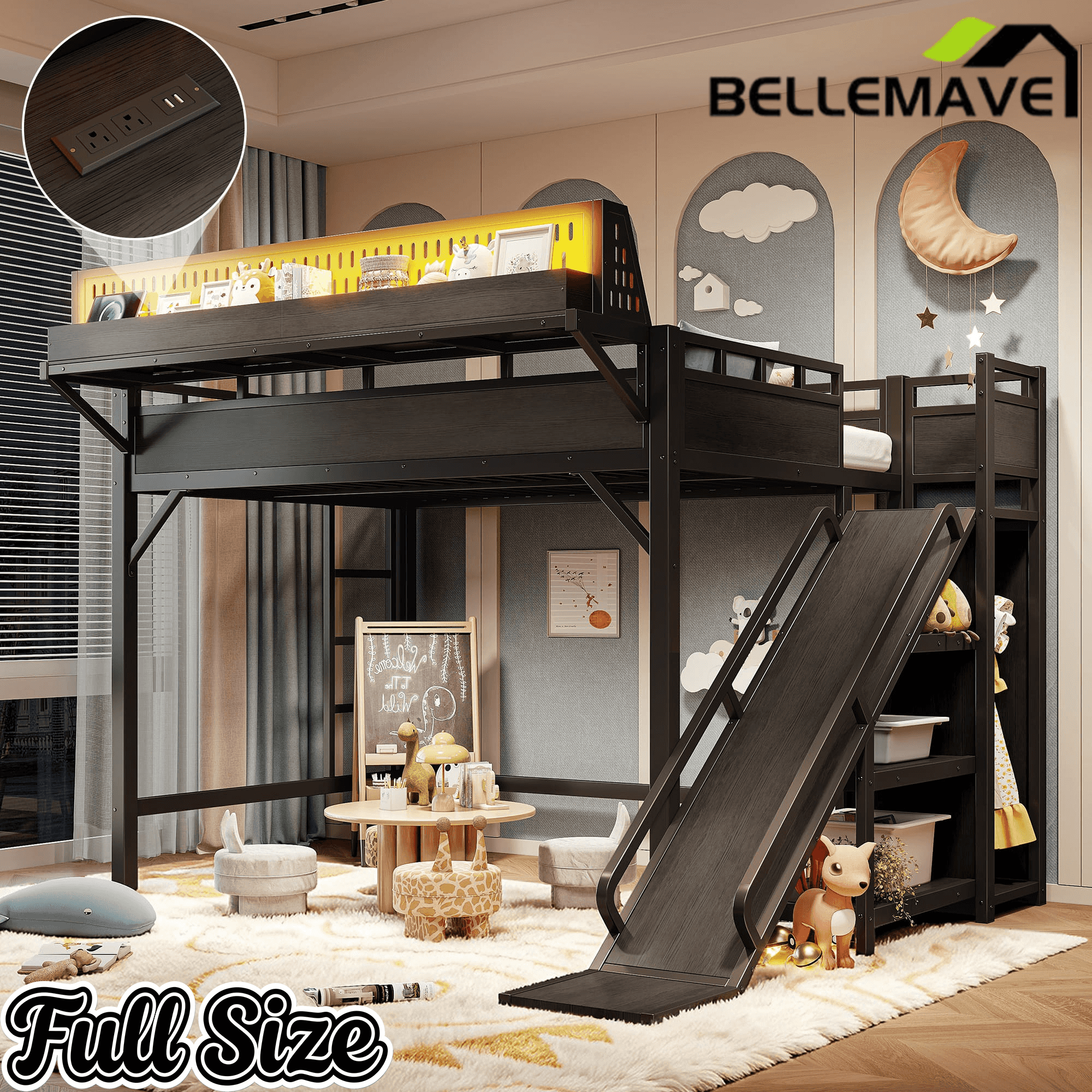 Bellemave® Loft Bed with Ladder, Storage Shelves & Slide,Wardrobe & Pegboard, Metal Loft Bed Frame with USB Ports & LED Lights Bellemave®