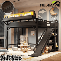 Bellemave® Loft Bed with Ladder, Storage Shelves & Slide,Wardrobe & Pegboard, Metal Loft Bed Frame with USB Ports & LED Lights Bellemave®
