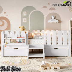Bellemave® Kids Platform Bed with Guardrail, Bookshelf, Stairs & LED Lights