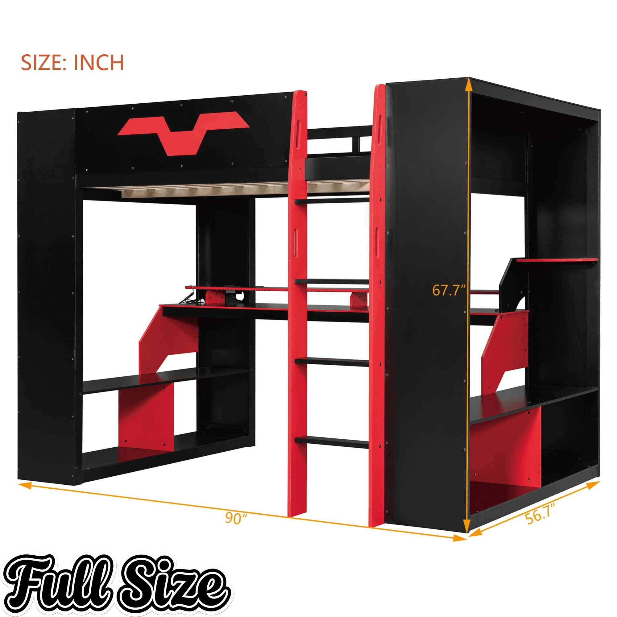 Bellemave® Full Size Loft Bed with Desk & Storage Shelves, Charging Station, RGB Lights & Cable Management, Space-Saving Wood Gaming Loft Bed, Noise-Free Bellemave®