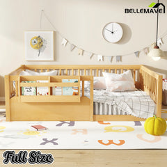Bellemave® Queen Size Floor Bed for Kids with Heightened Safety Fence & Bookshelf, Low Profile Wood Platform Bed Frame with Storage, White Bellemave®