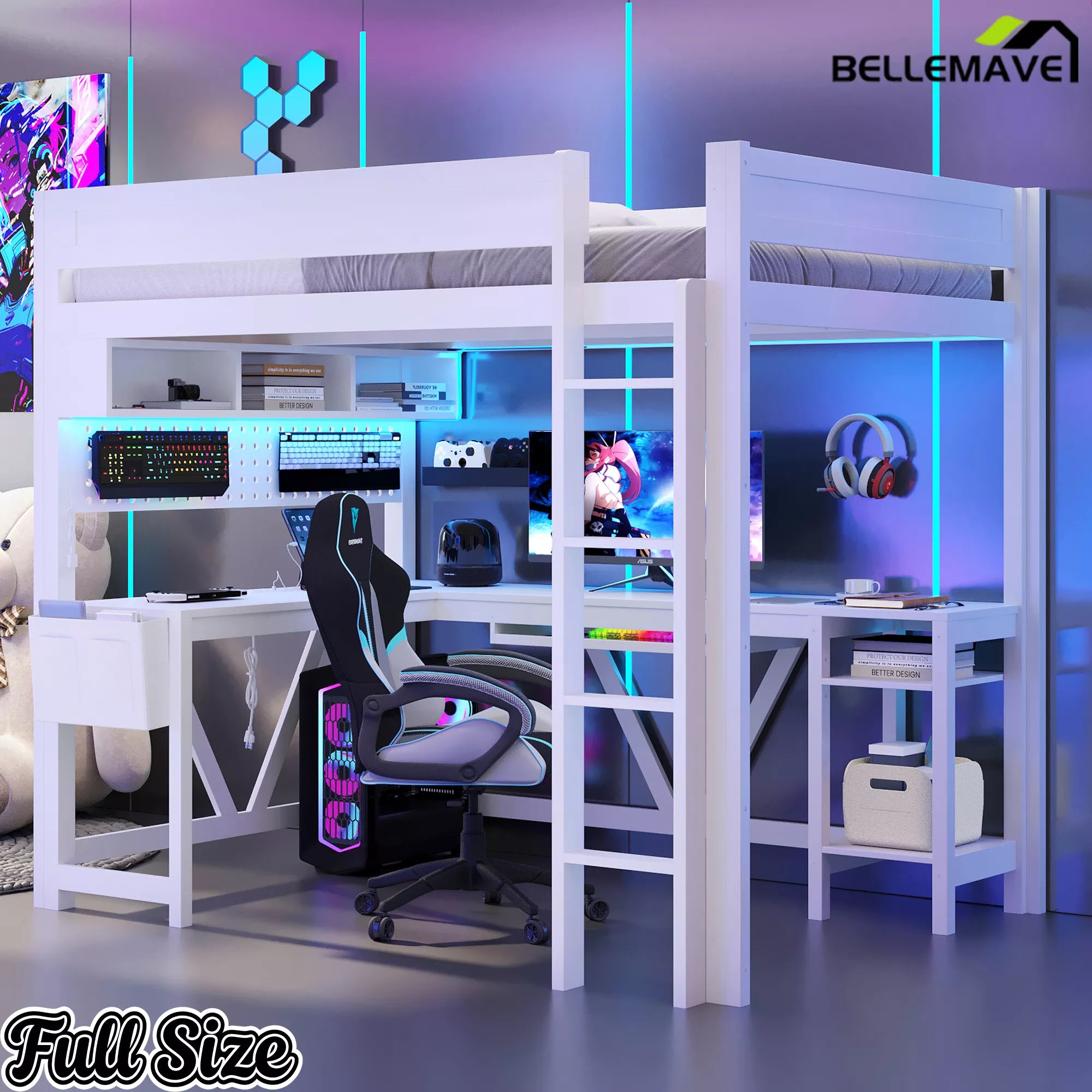 gaming loft bed with LED lights setup