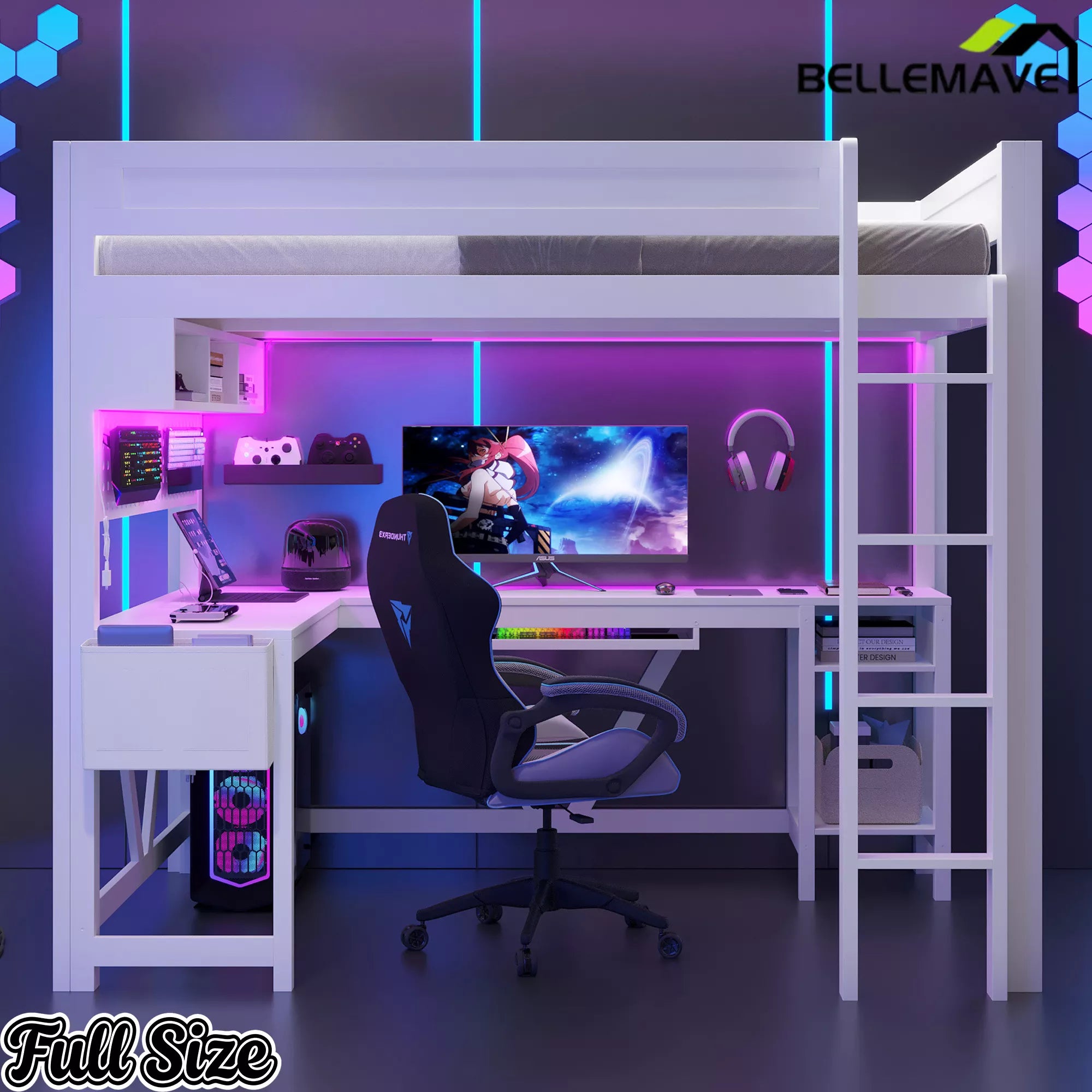 full size gaming loft bed with built in desk