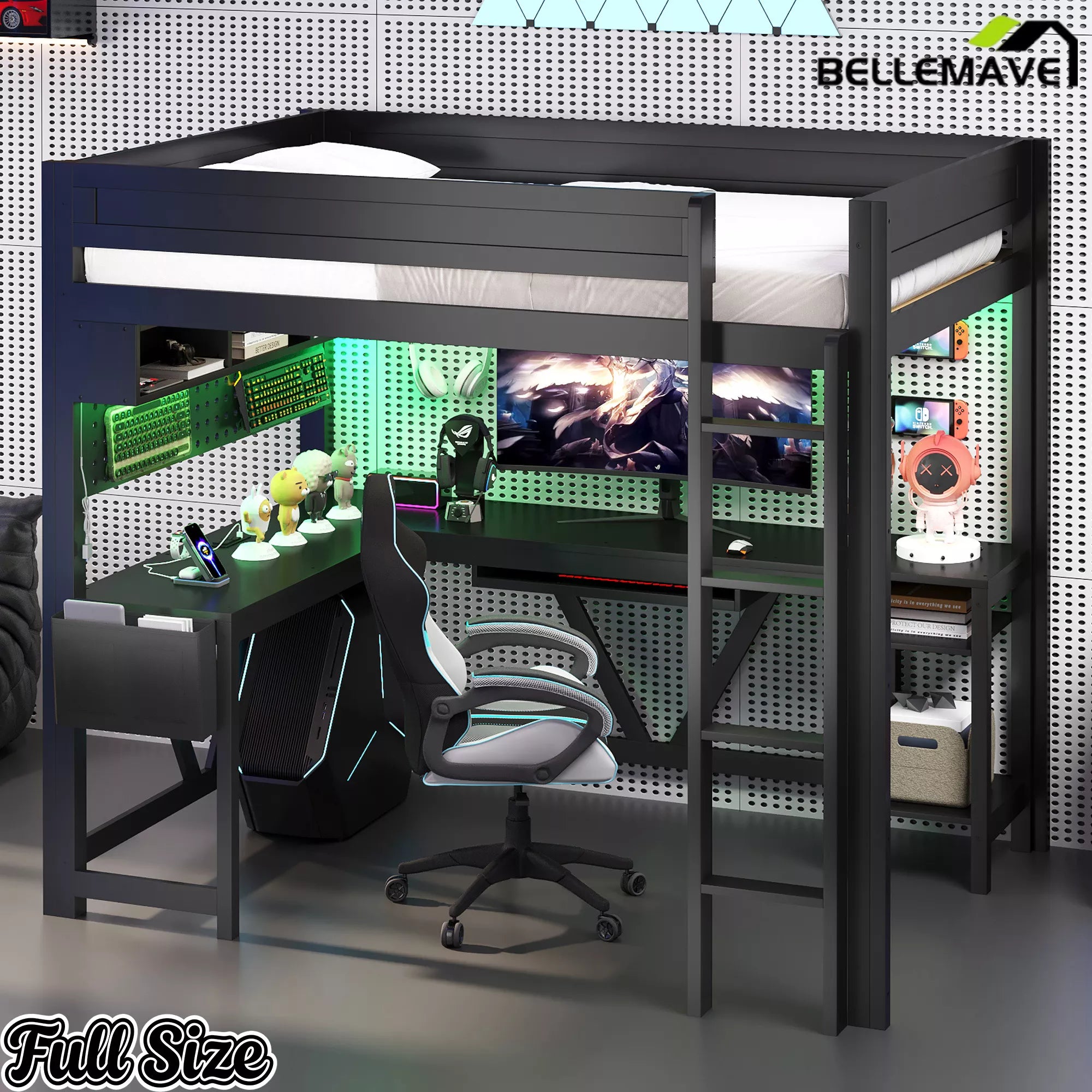 gaming loft bed with desk and storage shelves