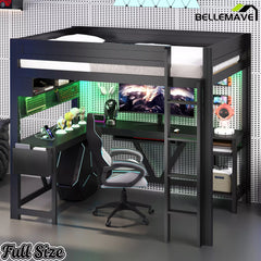 gaming loft bed with desk and storage shelves