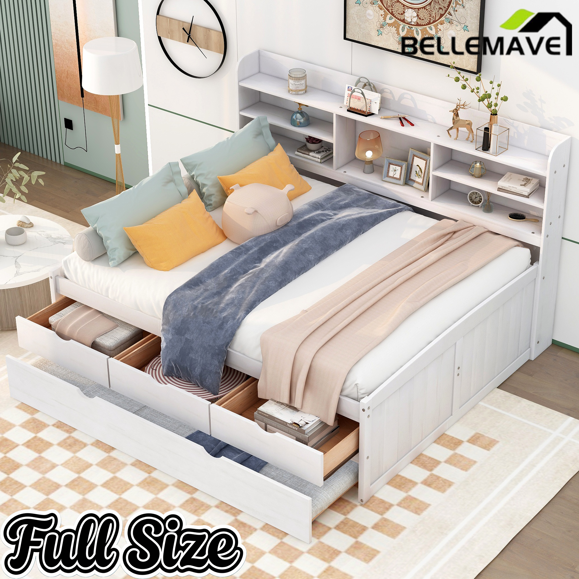 Bellemave Full Size Captain Bed, Full Beds with Trundle & Storage Drawers, Wood Daybed Frame with Bookcase Headboard & Slats Support for Kids Teens, Antique Brown Bellemave