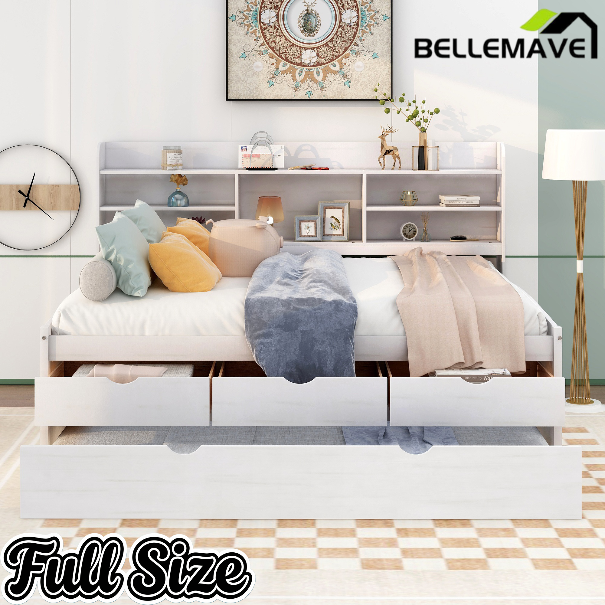 Bellemave Full Size Captain Bed, Full Beds with Trundle & Storage Drawers, Wood Daybed Frame with Bookcase Headboard & Slats Support for Kids Teens, Antique Brown Bellemave