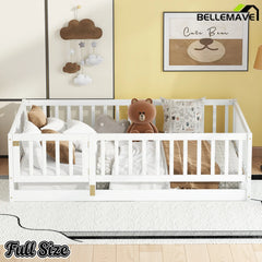 Bellemave® Twin Size Floor Bed Frame with Door and Slats,Wood Kids Montessori Floor Bed with Safety Guardrails Bellemave®