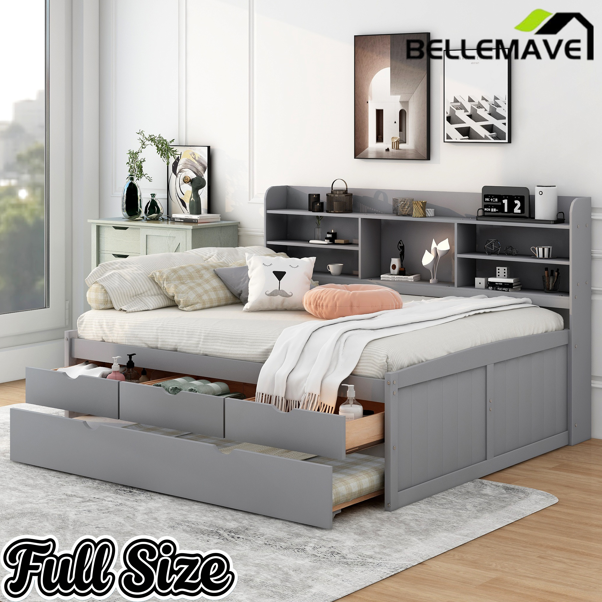 Bellemave Full Size Captain Bed, Full Beds with Trundle & Storage Drawers, Wood Daybed Frame with Bookcase Headboard & Slats Support for Kids Teens, Antique Brown Bellemave