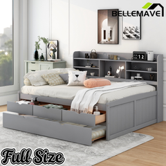 Bellemave Full Size Captain Bed, Full Beds with Trundle & Storage Drawers, Wood Daybed Frame with Bookcase Headboard & Slats Support for Kids Teens, Antique Brown Bellemave