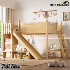 Bellemave® Full Size Loft Beds with Slide and Storage,Wooden Loft Bed Frame with Cabinet and Shelves,Princess Full Bed for Teens Bedroom Dormitory,Natural