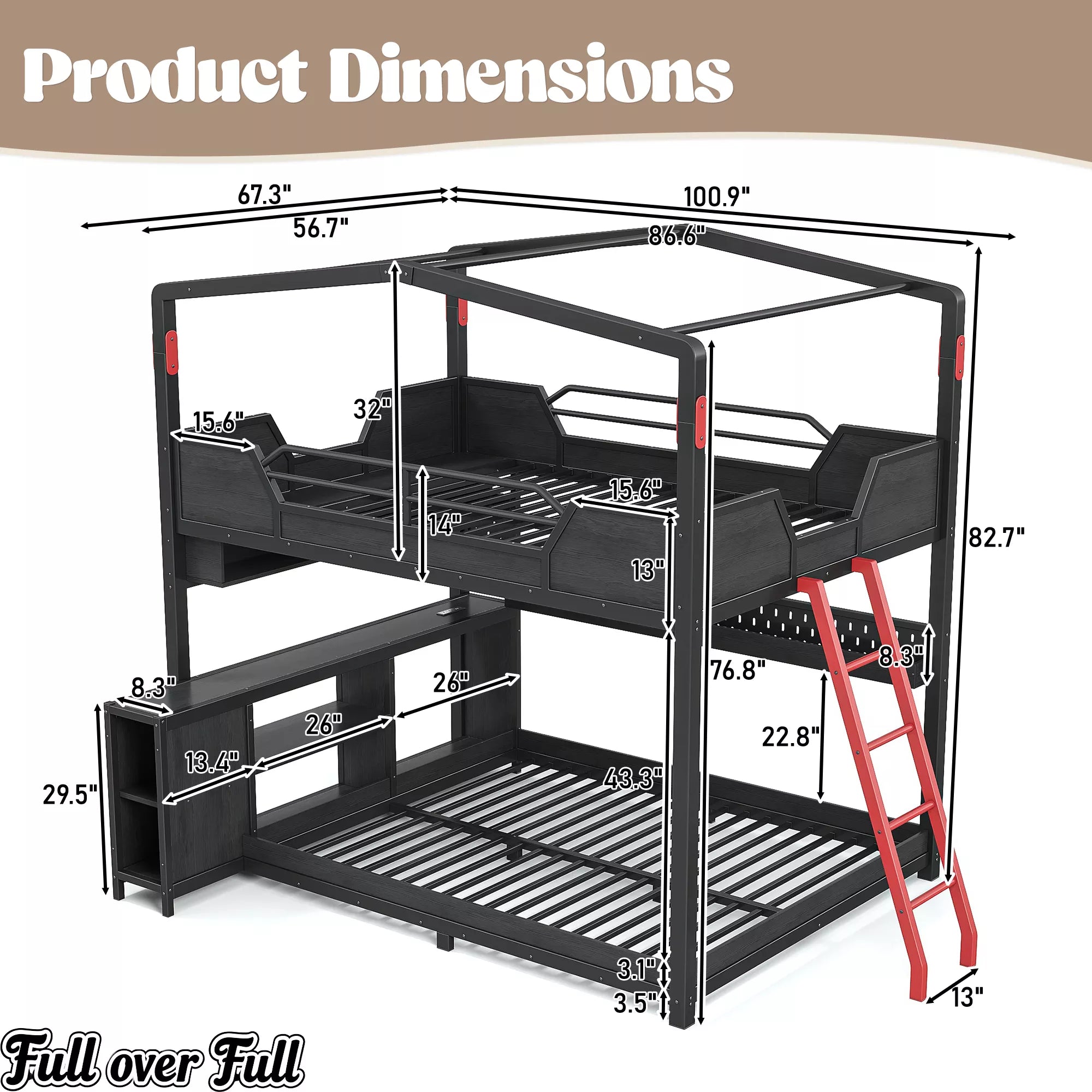 Full over full gaming bunk bed dimensions with desk, storage shelves and ladder