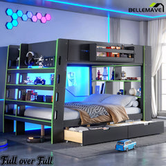 full over full bunk bed with LED lights and storage shelves