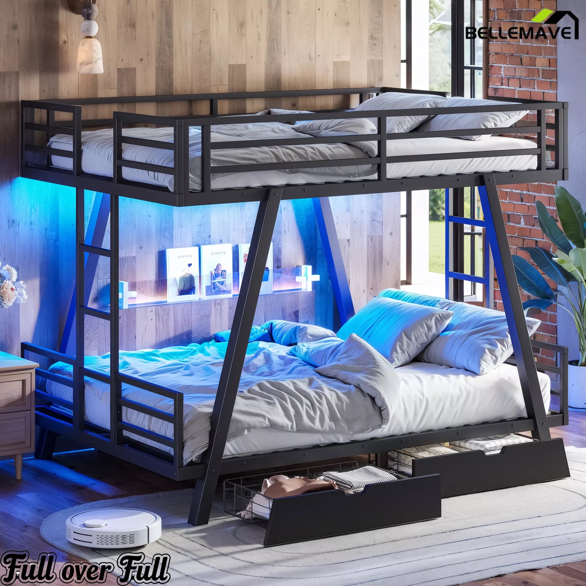 Full over Full metal bunk bed with blue LED lighting and storage drawers