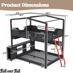 Full over full gaming bunk bed dimensions with desk, storage shelves and ladder