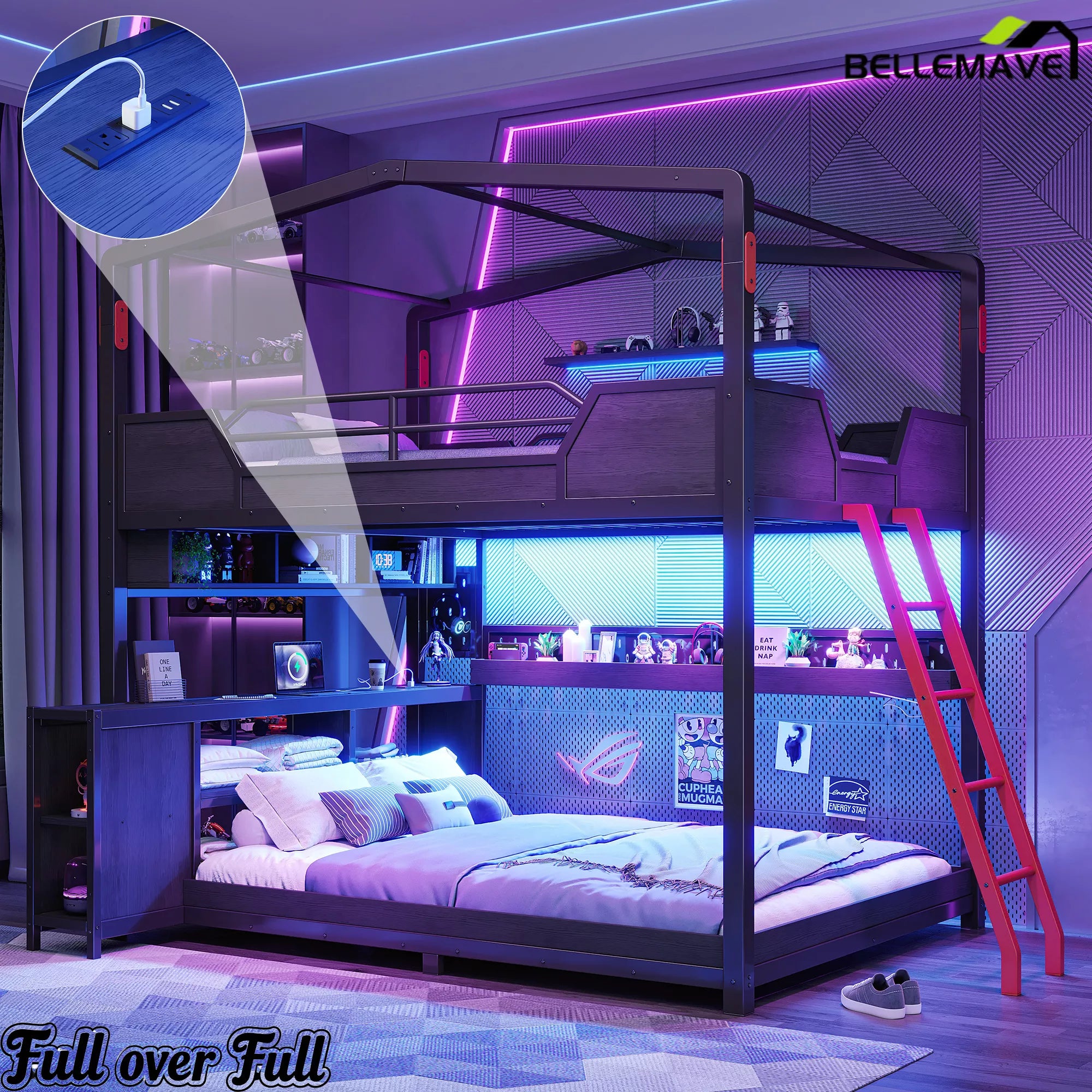 Full over full gaming bunk bed with LED lights