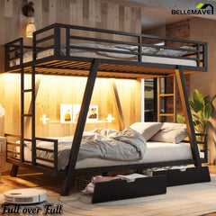 Full over Full black metal bunk bed with warm LED lighting