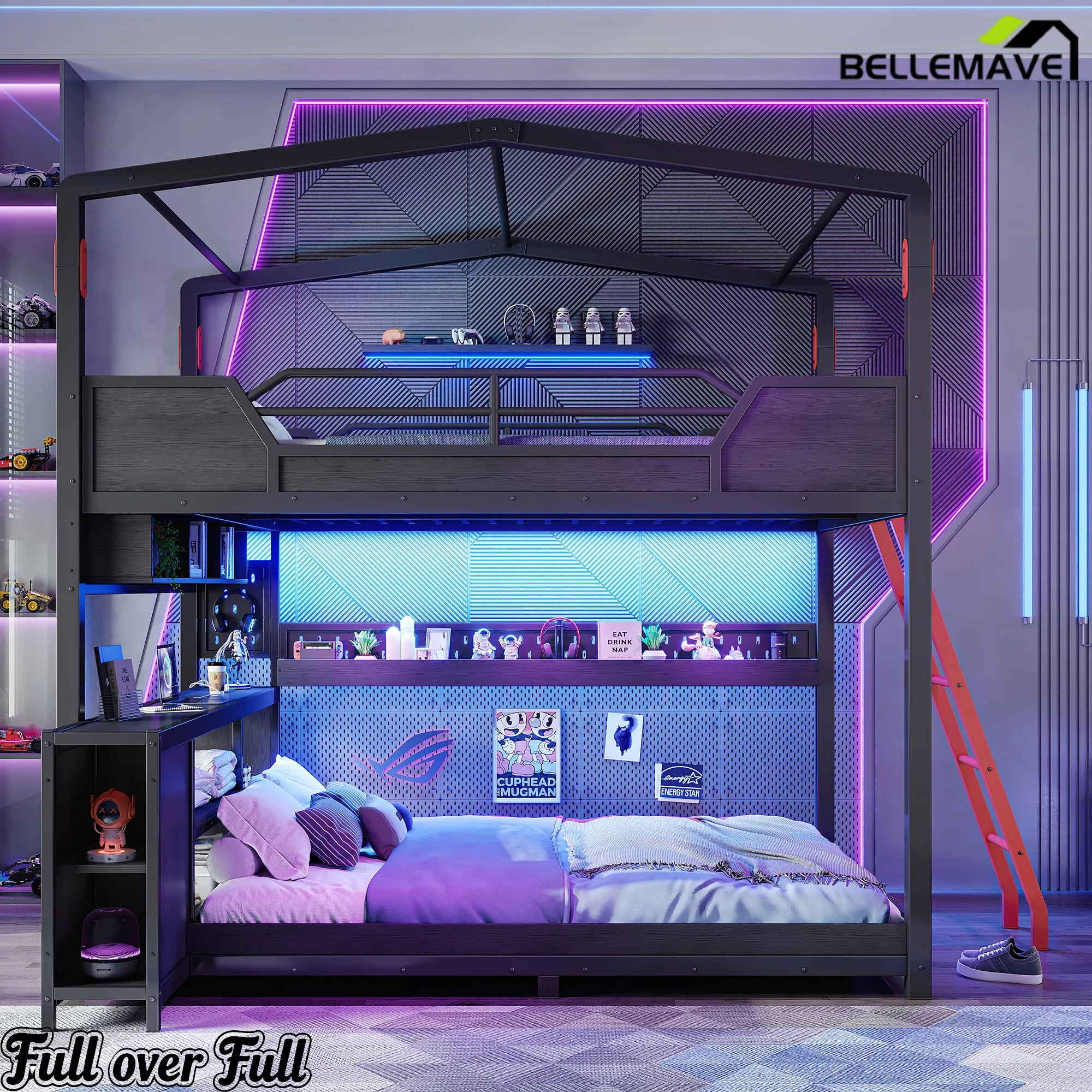 Gaming bunk bed with desk and storage shelves setup