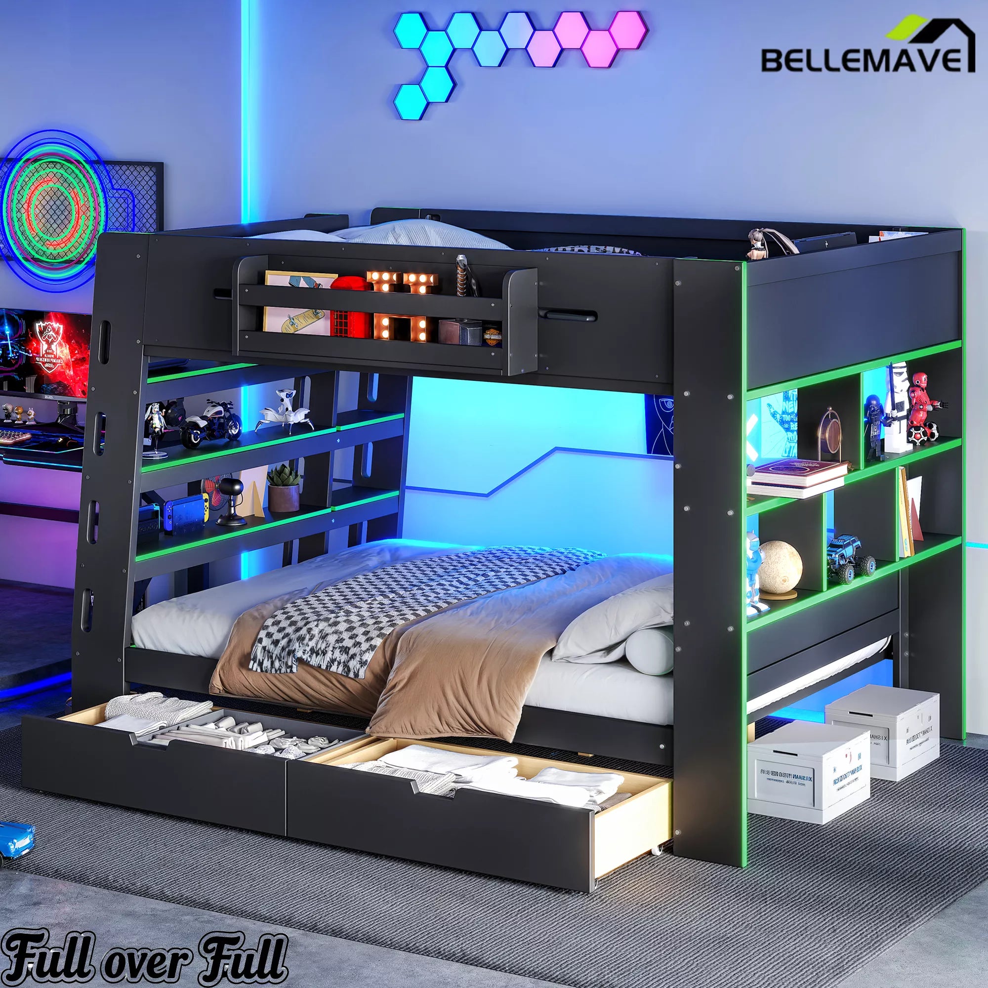 full over full bunk bed with drawers and built in shelves