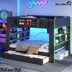 full over full bunk bed with drawers and built in shelves