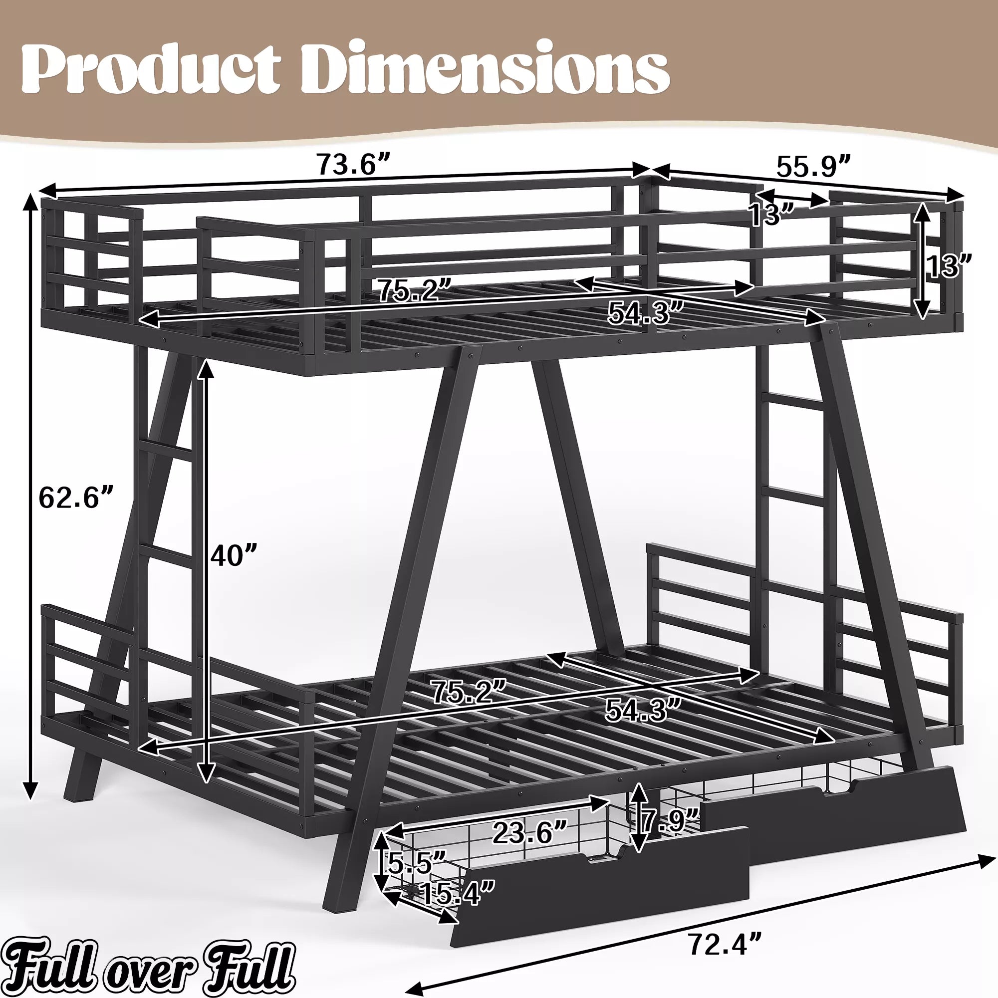 Full over Full metal bunk bed dimensions and support leg structure