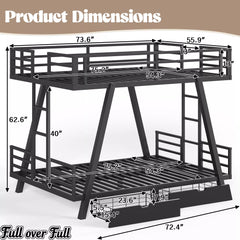 Full over Full metal bunk bed dimensions and support leg structure