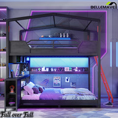Gaming bunk bed with desk and storage shelves setup