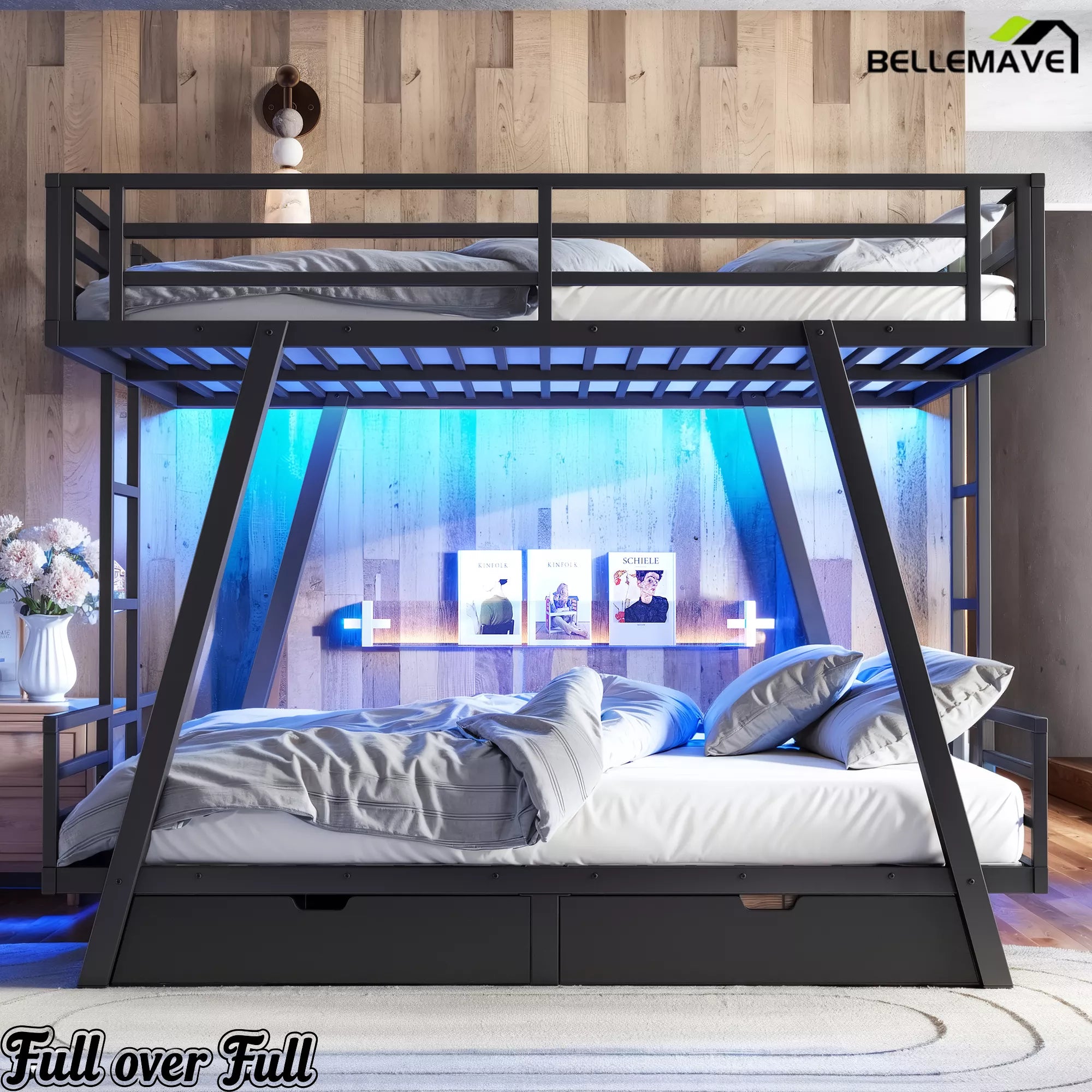 Front view of Full over Full metal bunk bed with blue LED lighting