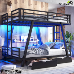 Full over Full black metal bunk bed with blue lighting and storage drawers