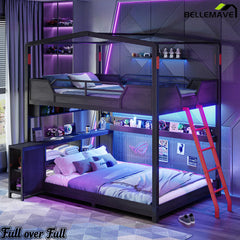 Metal gaming bunk bed with desk and LED lights