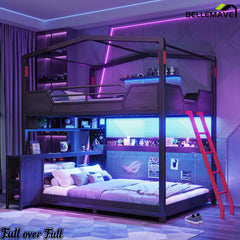 Space saving gaming bunk bed with storage shelves
