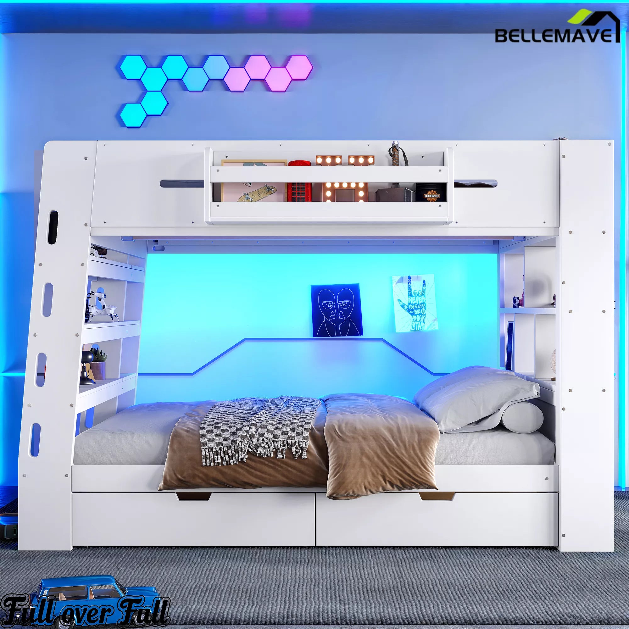 white full over full bunk bed with LED lights