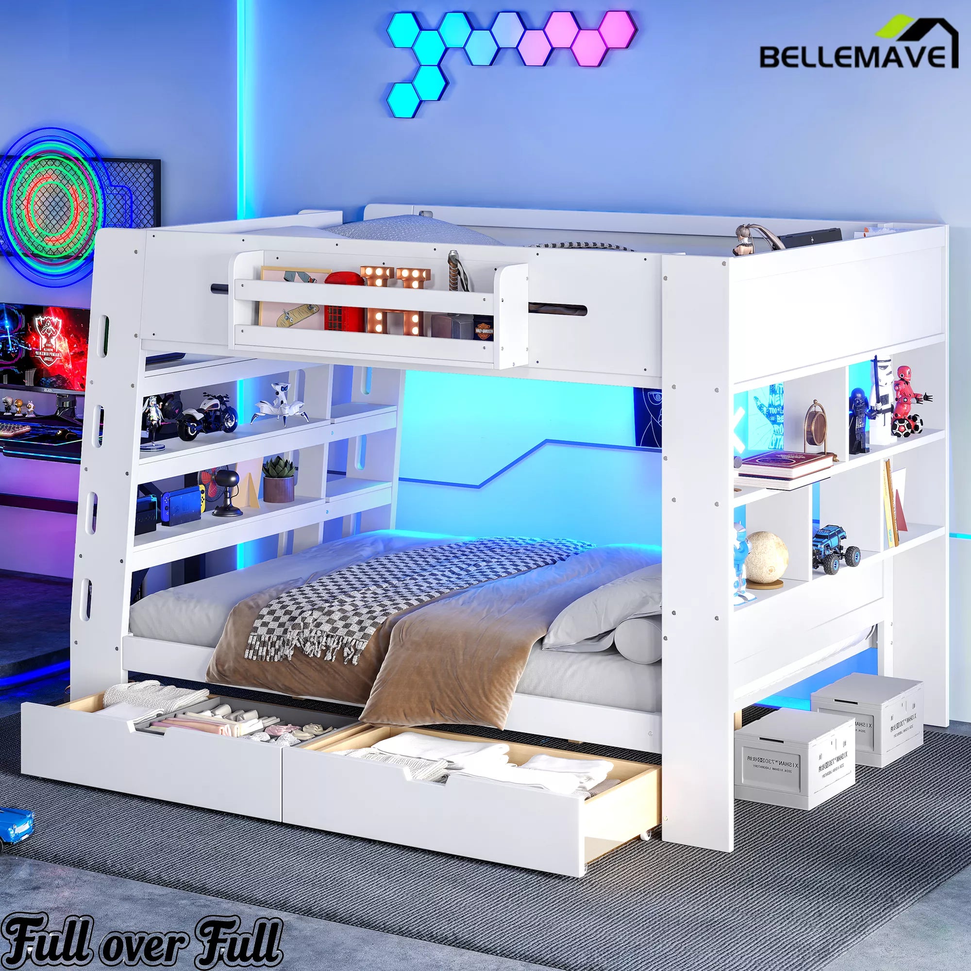 bunk bed with bookcase headboard and side storage shelves