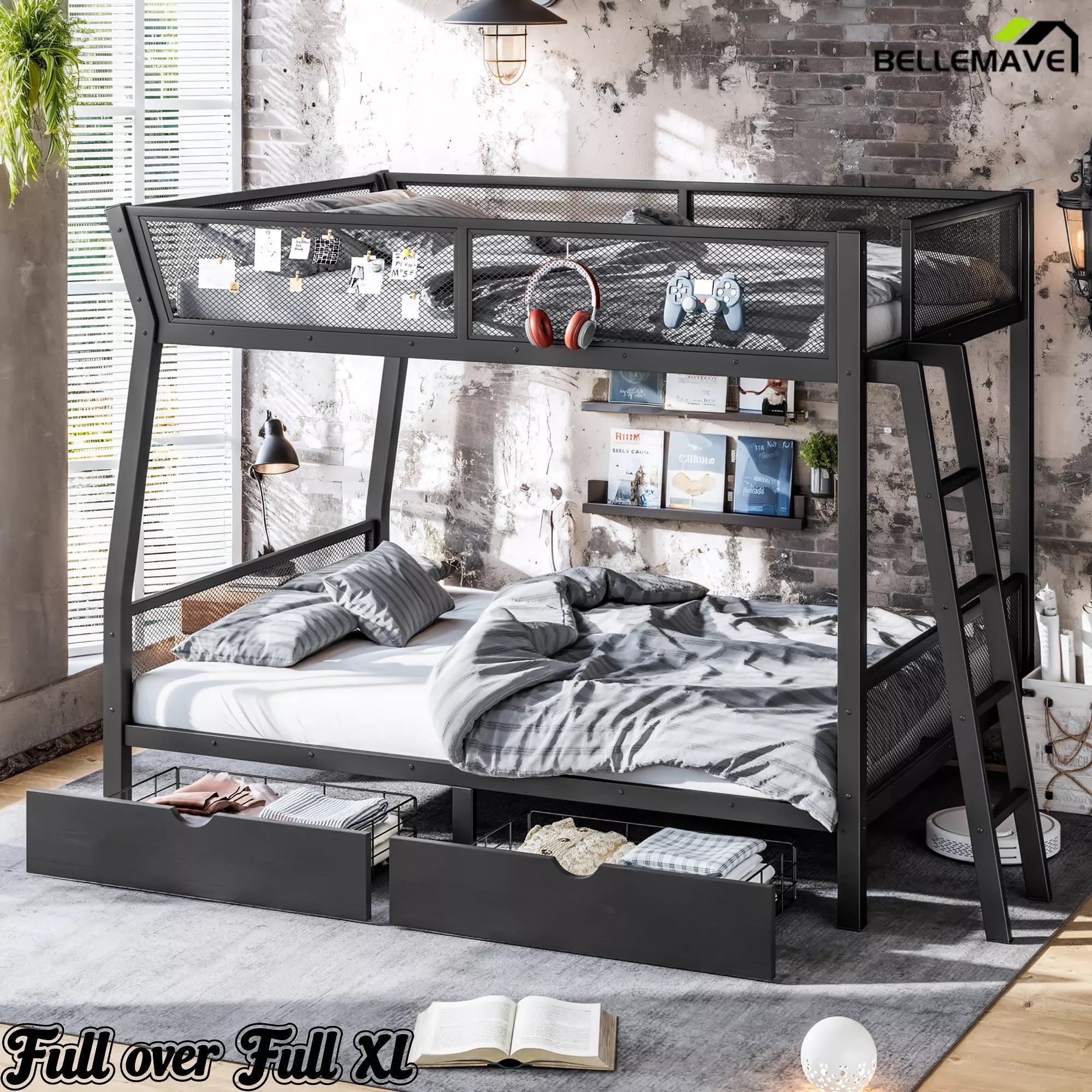 Full over Full XL black metal bunk bed styled in a bedroom with mesh guardrails and storage drawers
