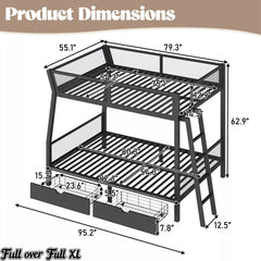 Full over Full XL bunk bed dimension diagram with measurements labeled in inches