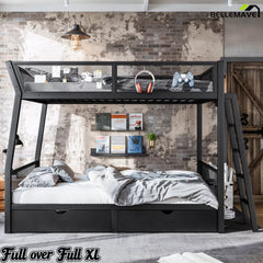 Front bedroom view of a Full over Full XL black metal bunk bed with mesh guardrails