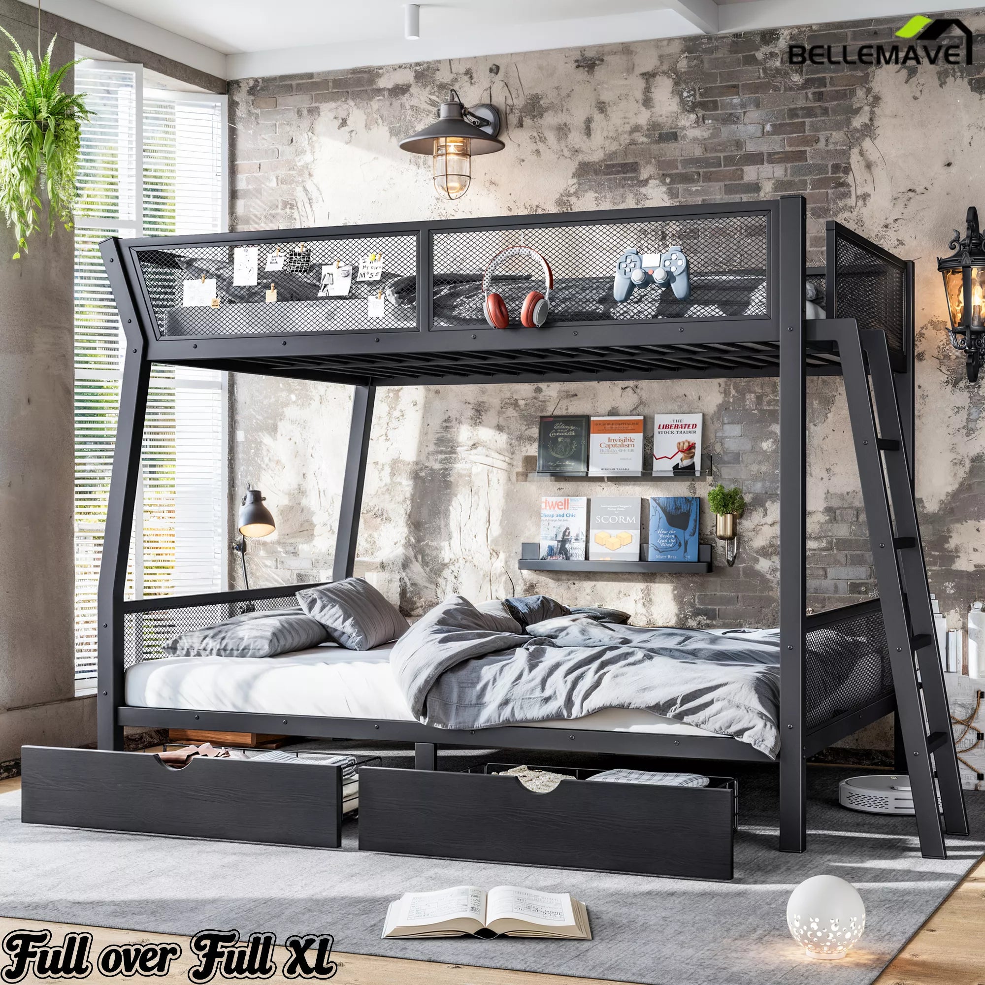 Angled bedroom view of a Full over Full XL black metal bunk bed with lower storage drawers