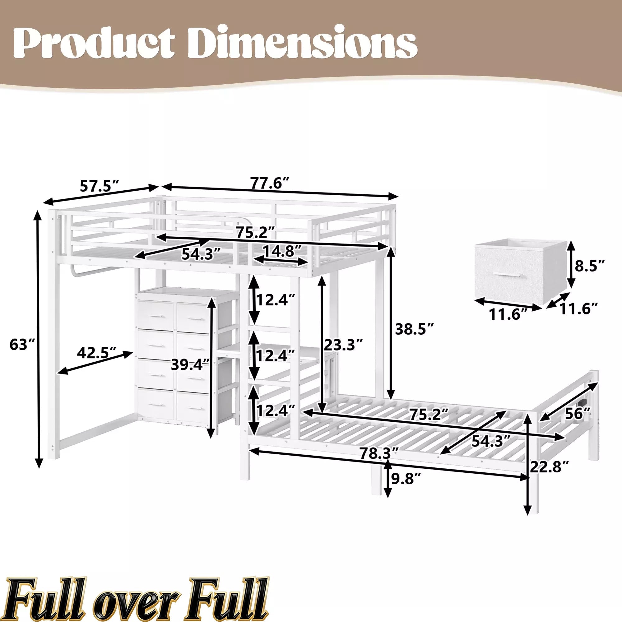 Bellemave® Full Bunk Bed with 8 Storage Drawers & Shelves, Built in Study Desk | Metal Bed with Hanging Rod & Detachable Hanging USB for Teens,Adults Bellemave®