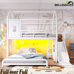 Bellemave® Twin over Full Bunk Bed for Small Room - Metal House Shaped Playhouse with Slide, LED Lights & Privacy Curtain, Kids Space-Saving Storage Bed Bellemave®