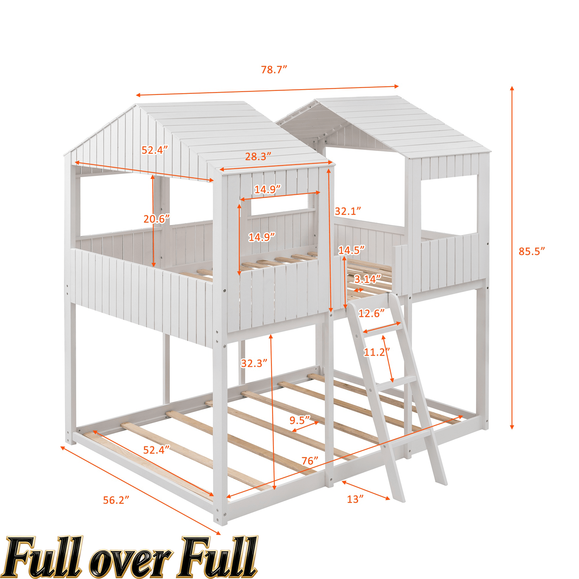 Bellemave® House Bunk Bed with Roof & Window, Full Over Full Floor Bunk Bed with Ladder & Guardrails for Kids, No Box Spring Needed Bellemave®