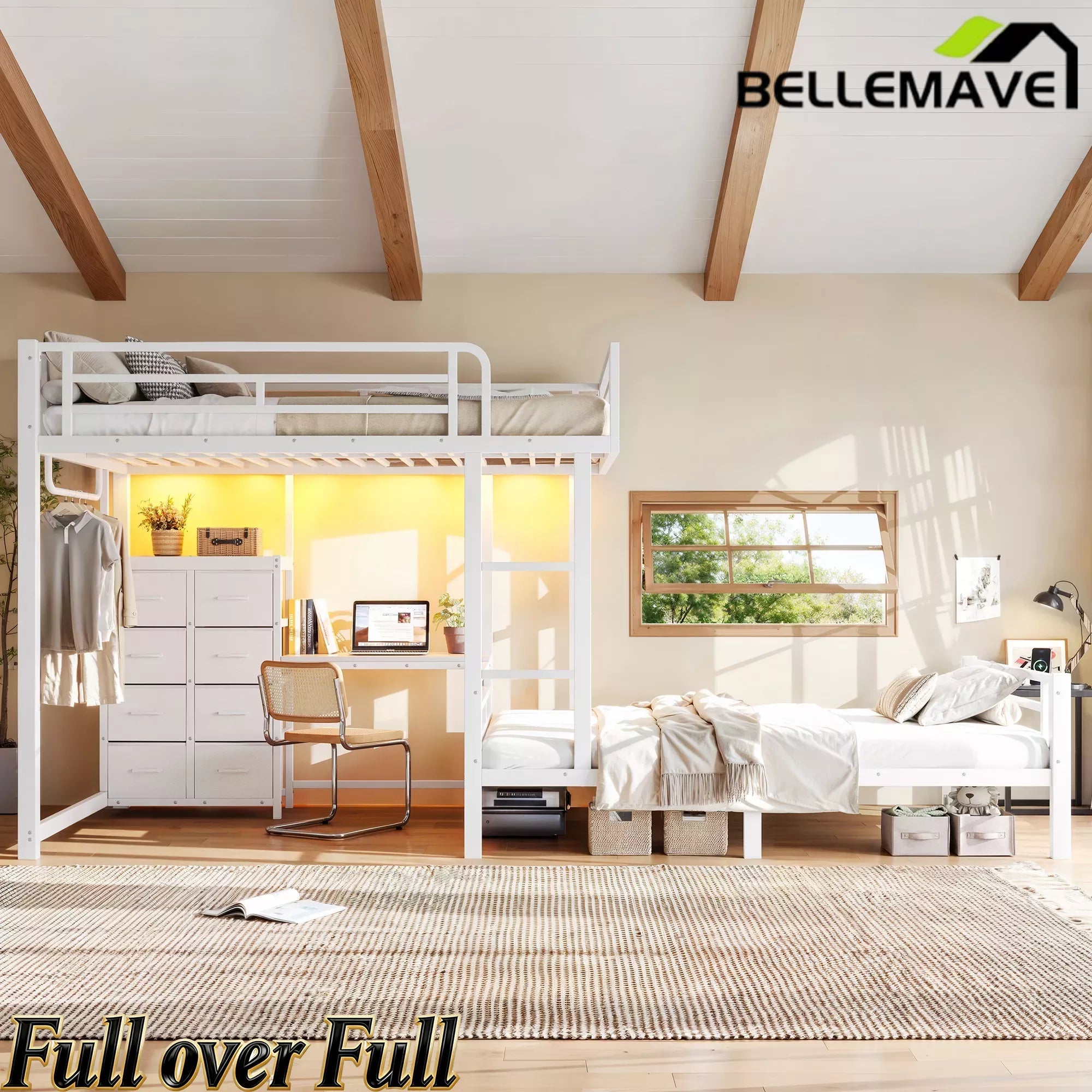 Bellemave® Full Bunk Bed with 8 Storage Drawers & Shelves, Built in Study Desk | Metal Bed with Hanging Rod & Detachable Hanging USB for Teens,Adults Bellemave®