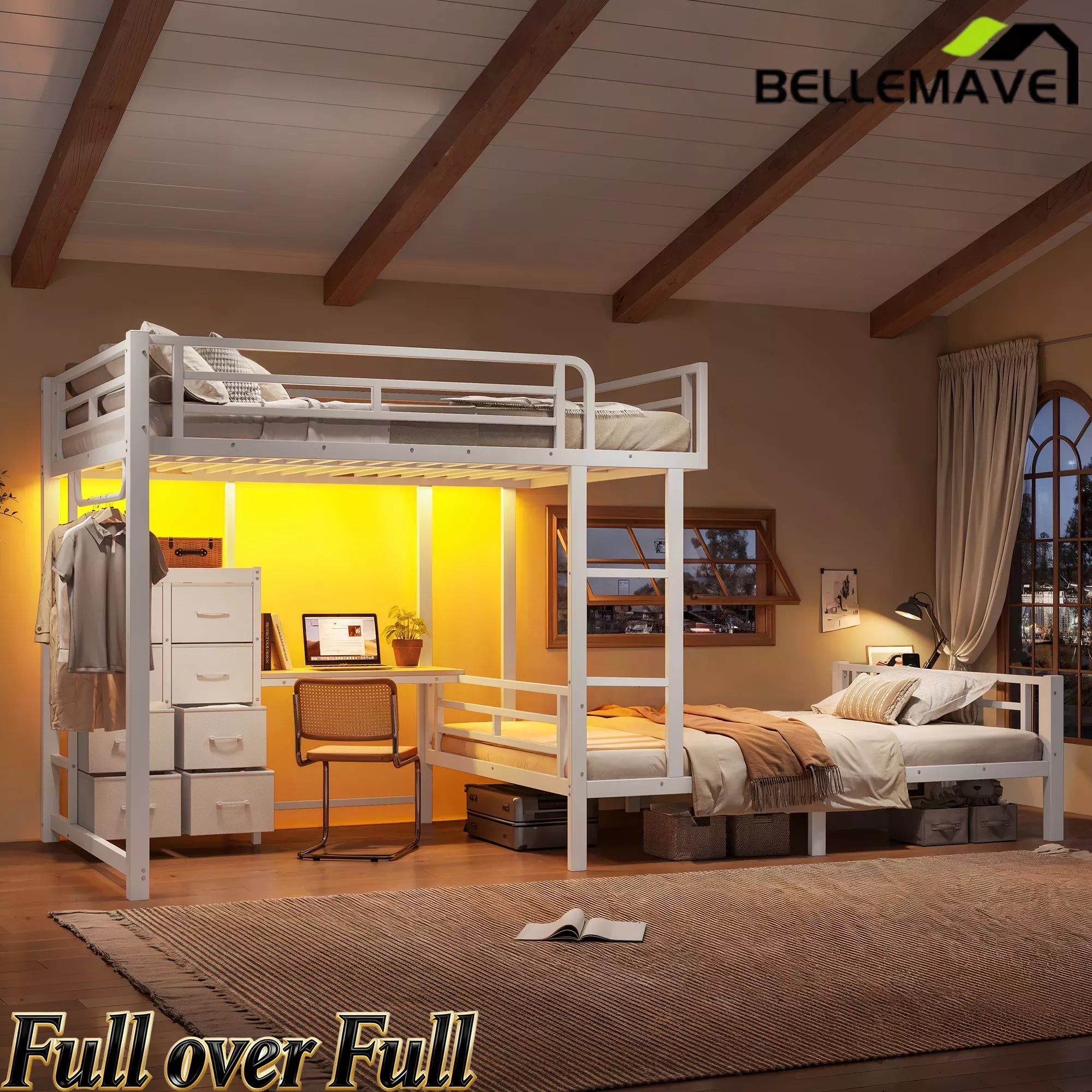 Bellemave® Full Bunk Bed with 8 Storage Drawers & Shelves, Built in Study Desk | Metal Bed with Hanging Rod & Detachable Hanging USB for Teens,Adults Bellemave®