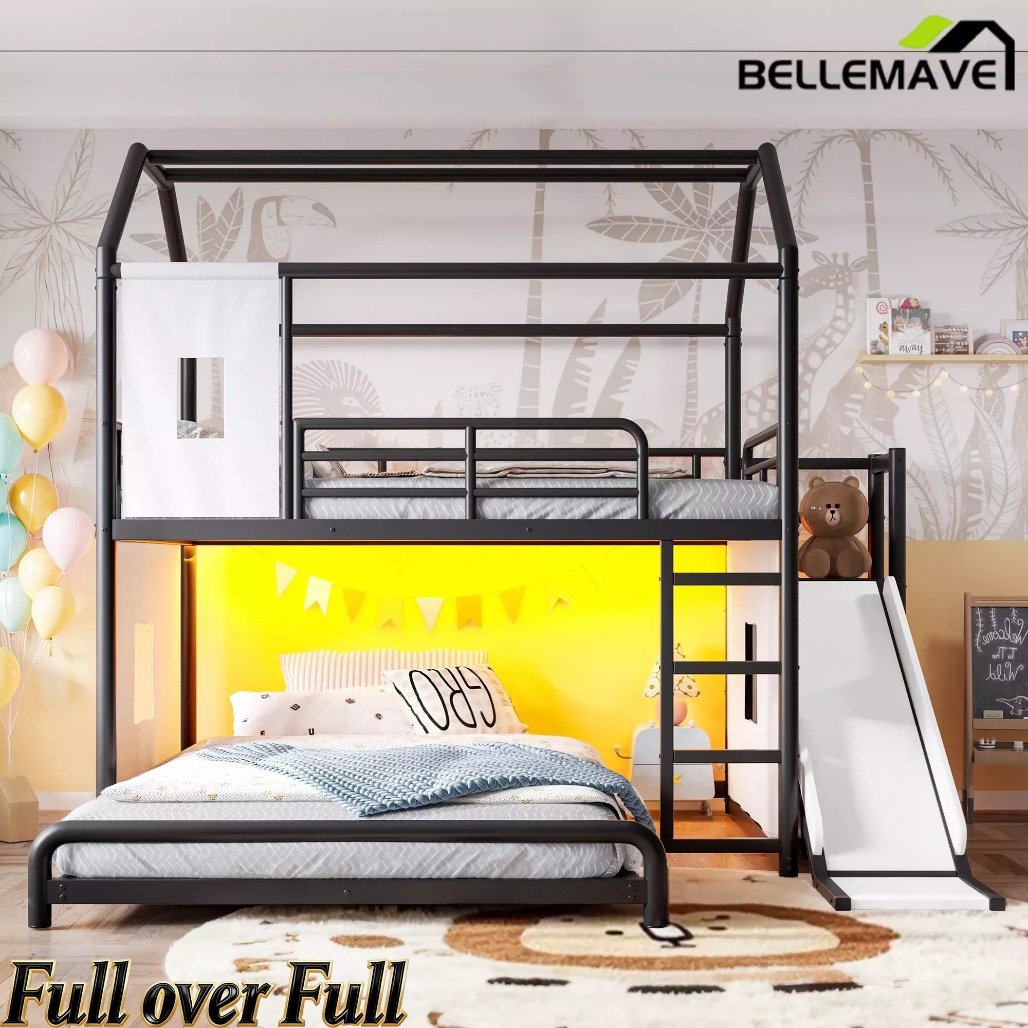 Bellemave® Twin over Full Bunk Bed for Small Room - Metal House Shaped Playhouse with Slide, LED Lights & Privacy Curtain, Kids Space-Saving Storage Bed Bellemave®
