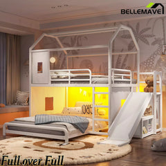 Bellemave® Twin over Full Bunk Bed for Small Room - Metal House Shaped Playhouse with Slide, LED Lights & Privacy Curtain, Kids Space-Saving Storage Bed Bellemave®