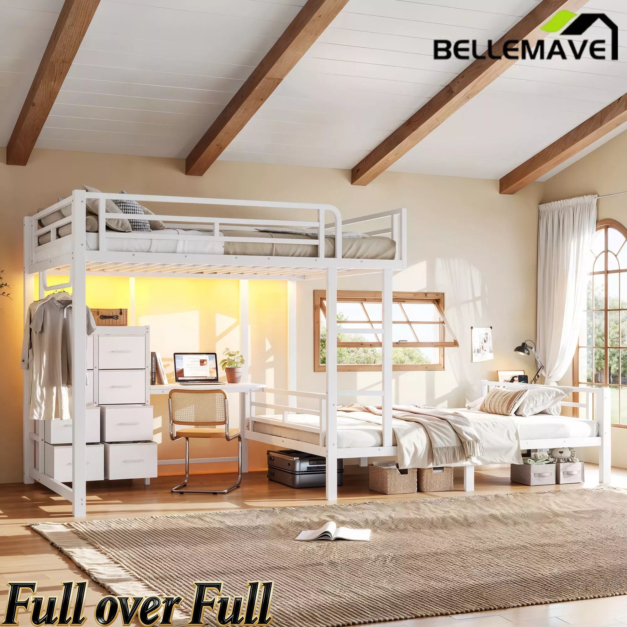 Bellemave® Full Bunk Bed with 8 Storage Drawers & Shelves, Built in Study Desk | Metal Bed with Hanging Rod & Detachable Hanging USB for Teens,Adults Bellemave®