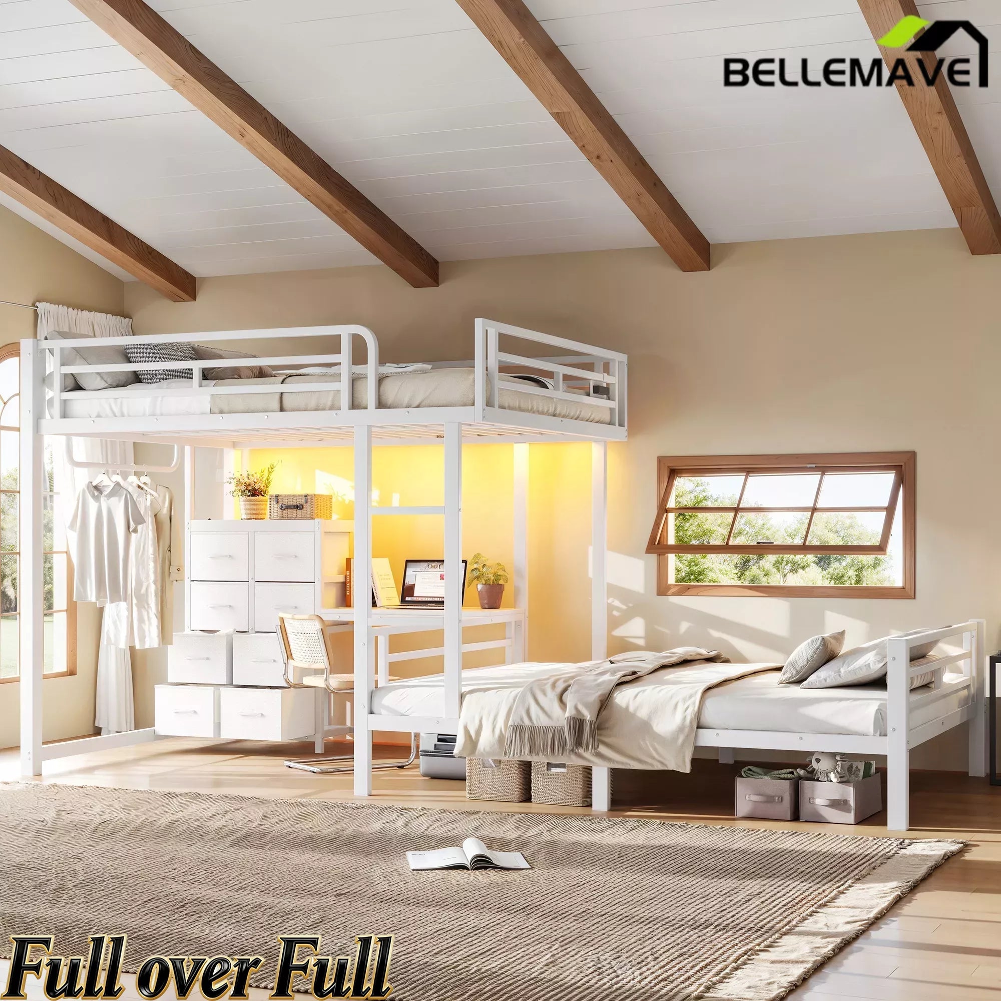 Bellemave® Full Bunk Bed with 8 Storage Drawers & Shelves, Built in Study Desk | Metal Bed with Hanging Rod & Detachable Hanging USB for Teens,Adults Bellemave®