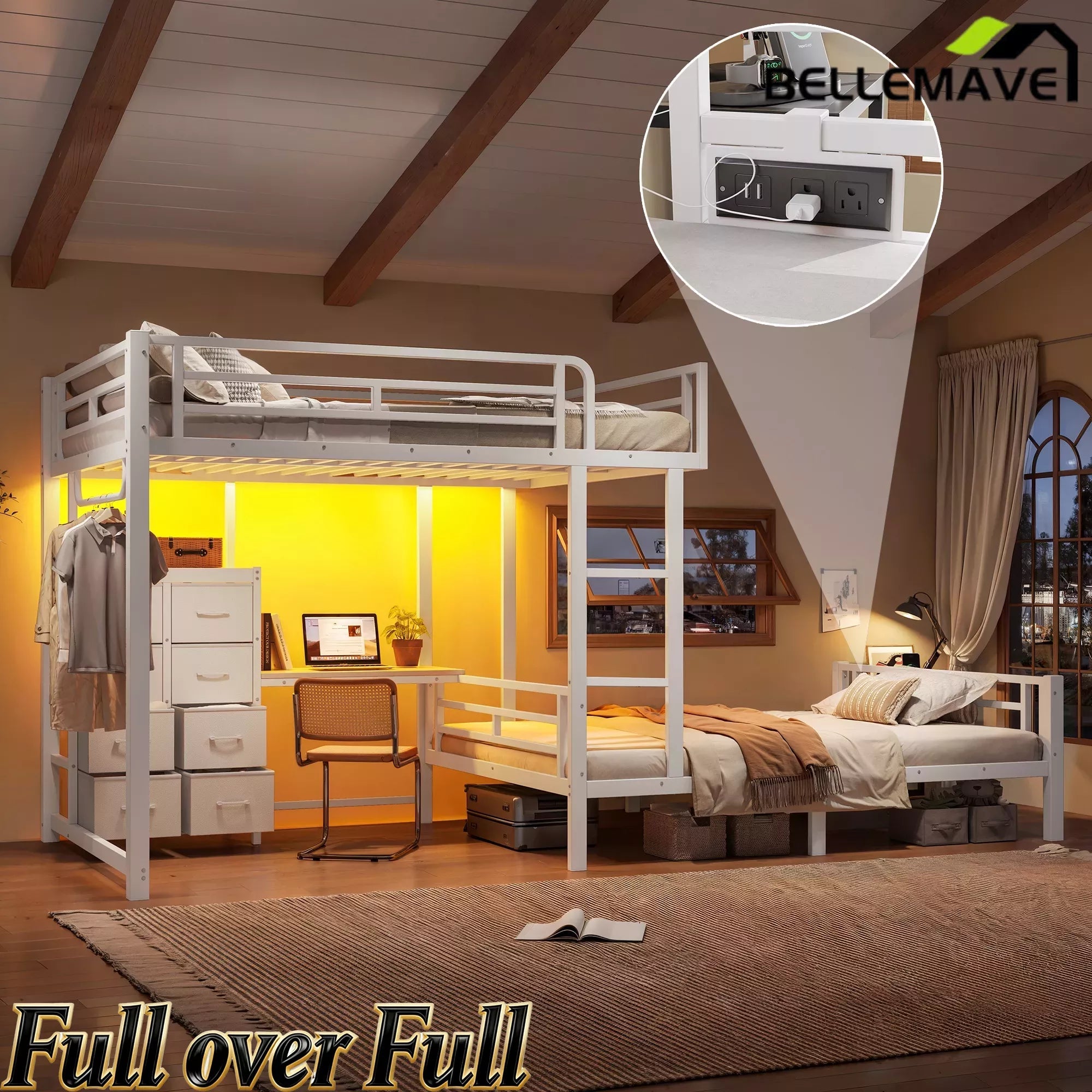 Bellemave® Full Bunk Bed with 8 Storage Drawers & Shelves, Built in Study Desk | Metal Bed with Hanging Rod & Detachable Hanging USB for Teens,Adults Bellemave®