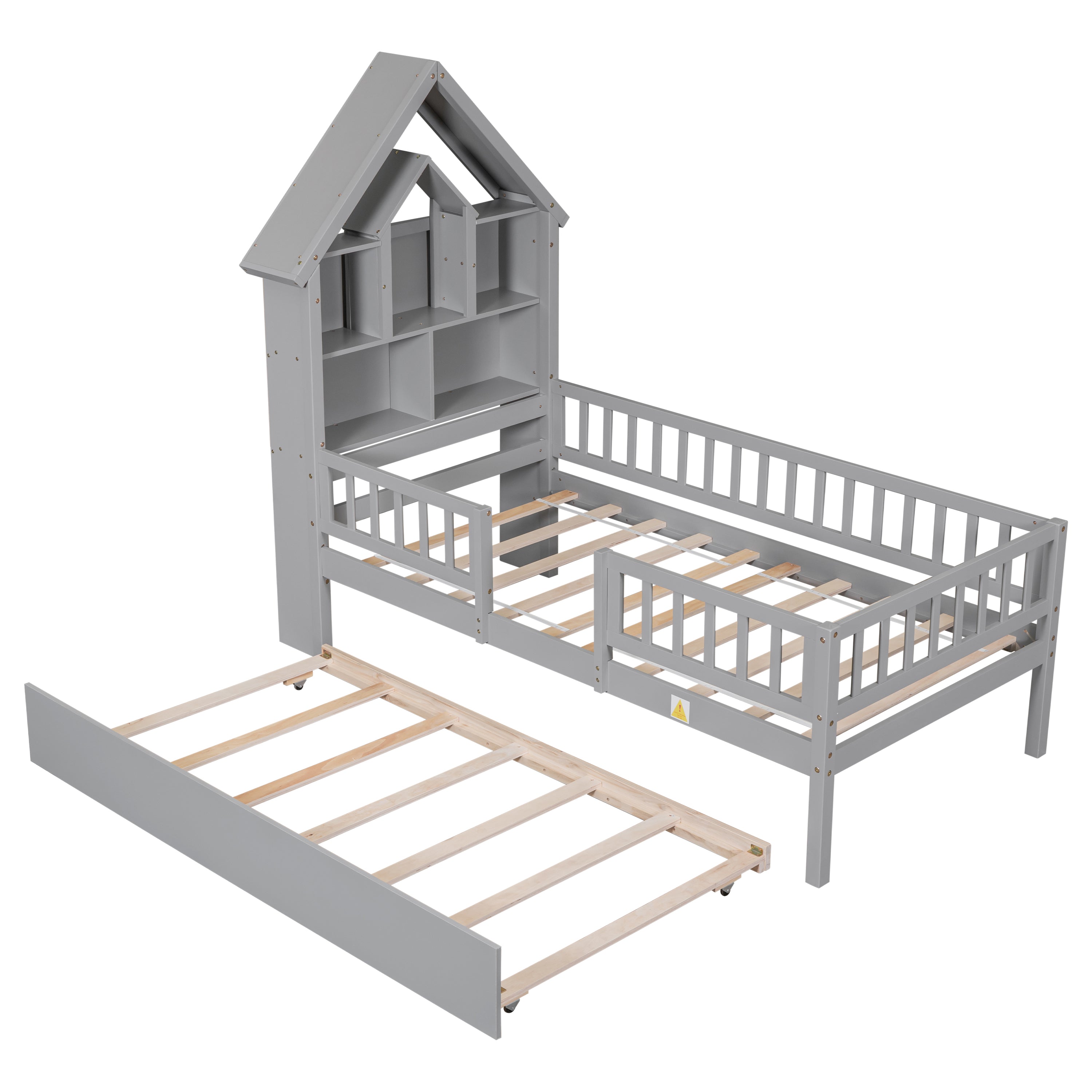 Bellemave Twin Size House Bed with Fence Guardrails and Trundle