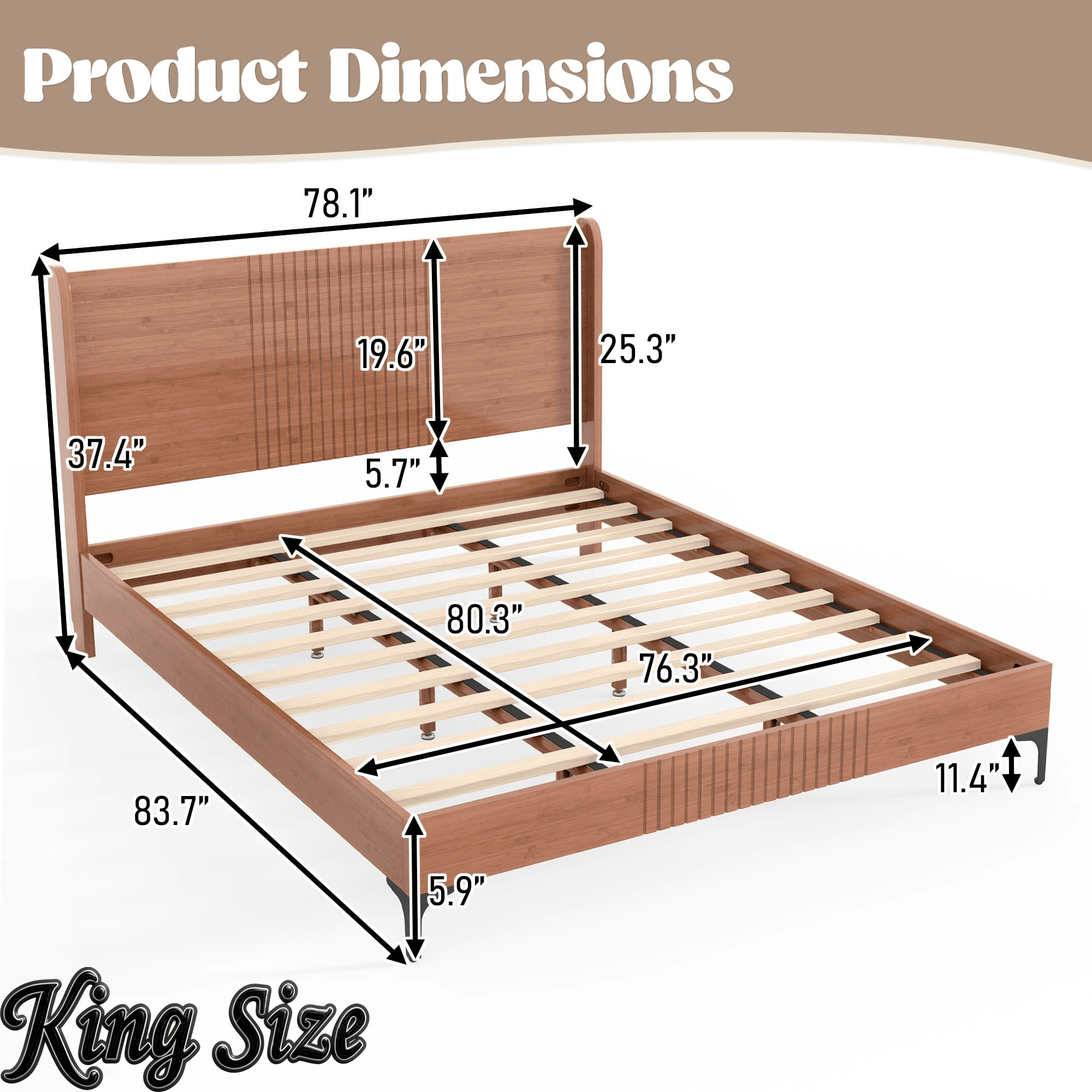 Bellemave® Solid Bamboo Platform Bed, Mid-Century Modern Bed Frame with Headboard, Round Corner Design Bellemave®